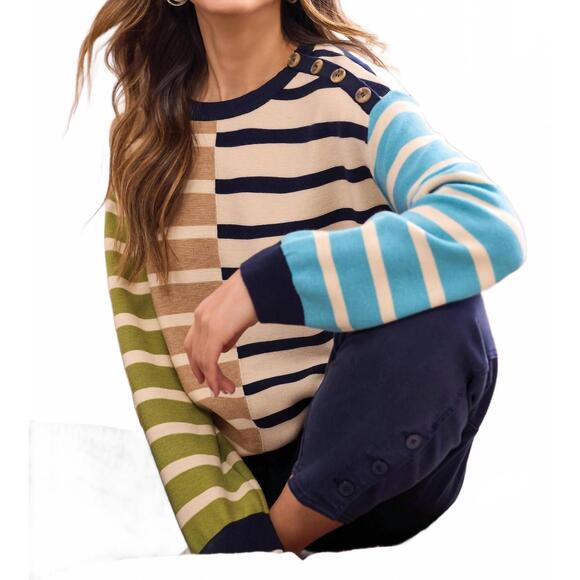 TRIBAL Sweaters - NEW TRIBAL multi stripe lightweight crewneck sweater in icelatte-3265